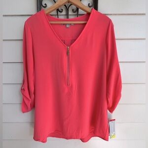 NWT Valerie Stevens Coral Blouse Half- Zip V Neckline 3/4 Sleeve Top Sz Medium